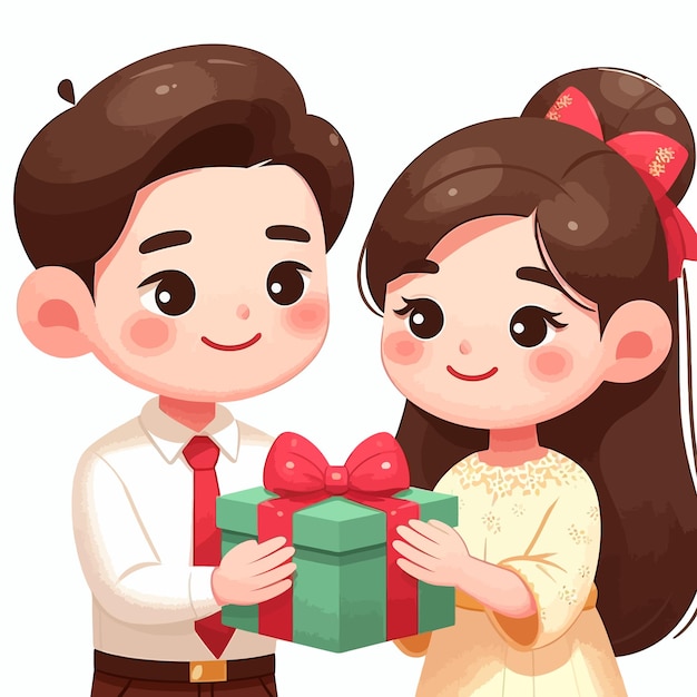 a flat design of a couple giving a gift love and heart