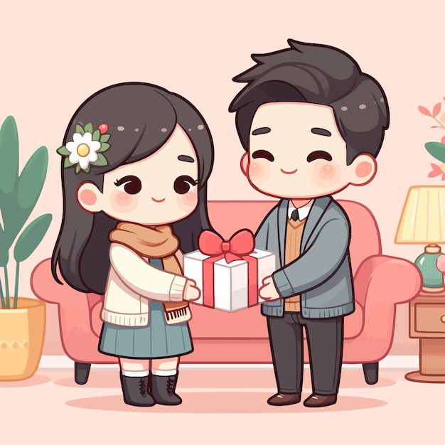 a flat design of a couple giving a gift love and heart