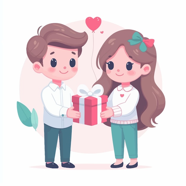 a flat design of a couple giving a gift love and heart