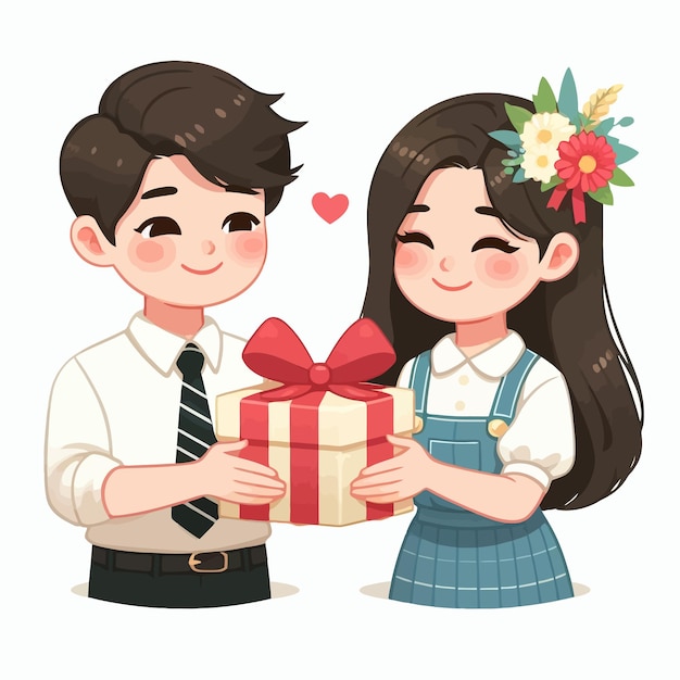 a flat design of a couple giving a gift love and heart