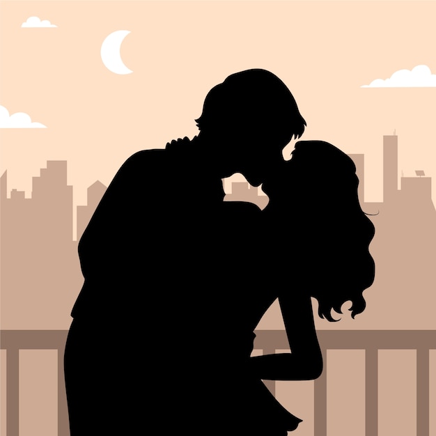 Vector flat design couple kissing silhouette