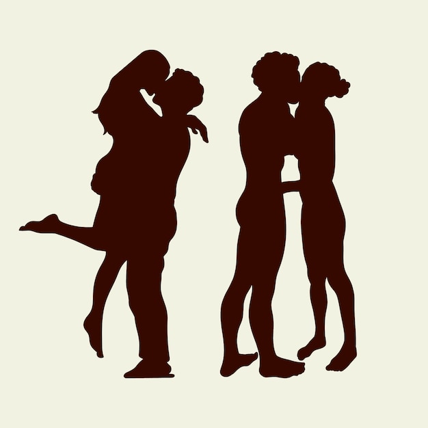 フラットなデザインのカップルのキスのシルエット