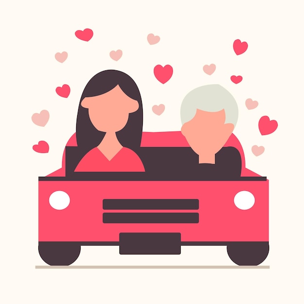 Vector flat design of couple people driving a car