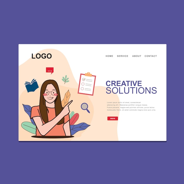 flat design creative solutions web homepage with smiling woman and finger up free vector