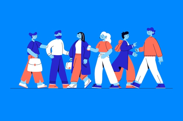 Vector flat design crowd of people walking illustration