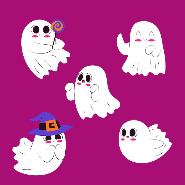 フラットデザインのかわいいハロウィンゴーストコレクション