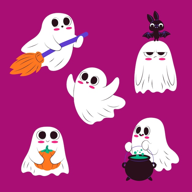 Vector flat design cute halloween ghost set