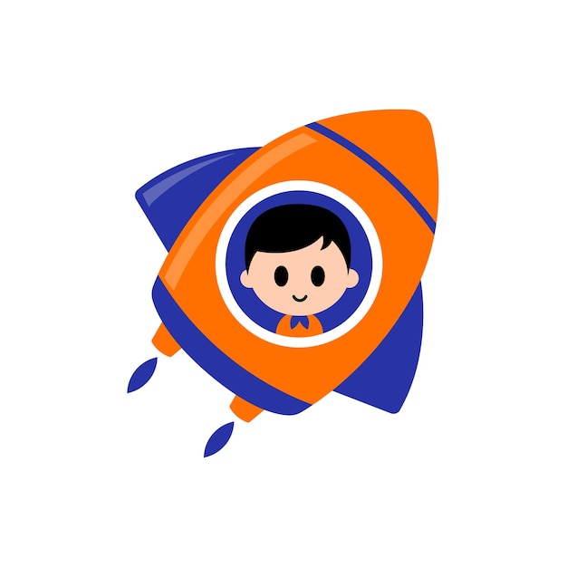 Flat design of cute kid riding on space rocket