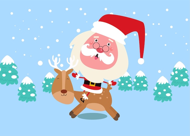 flat design cute santa character riding a reindeer