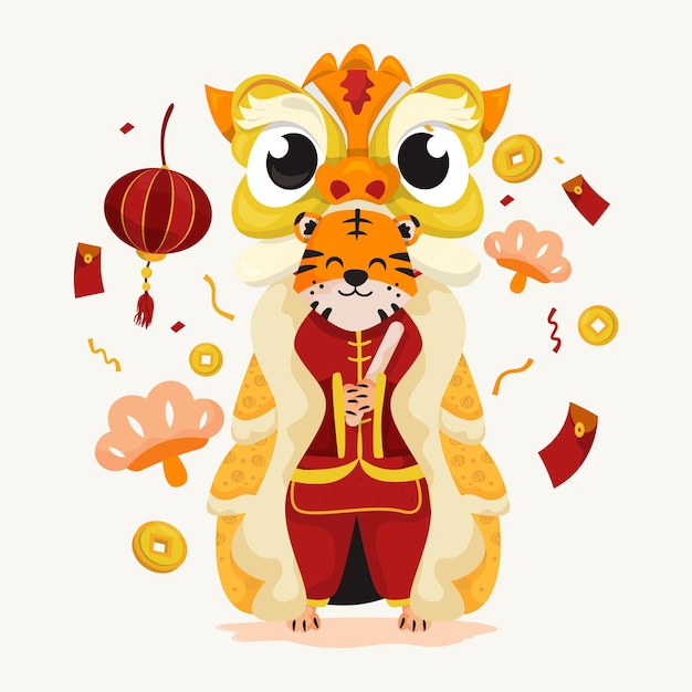 Flat design of cute tiger character wearing lion dance costume