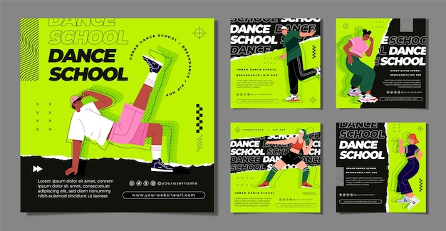 Vector flat design dance school instagram posts template