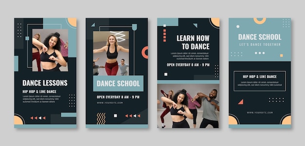 Vector flat design dance school instagram stories set