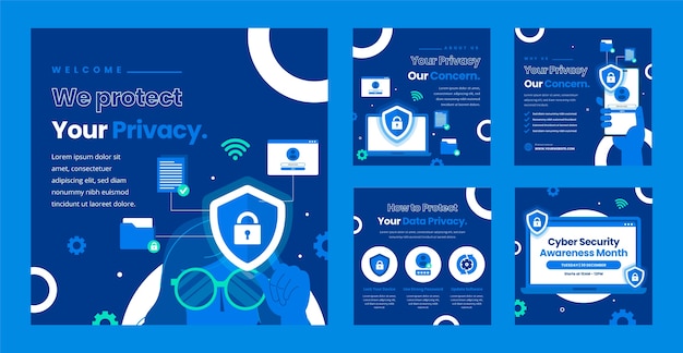 Flat design data privacy instagram posts template
