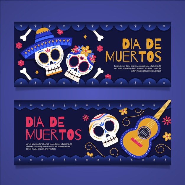 Плоский дизайн шаблона баннеров dia de muertos