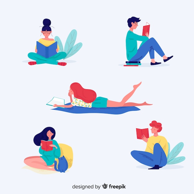 Flat design different characters reading