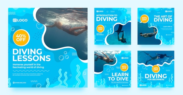 Vector flat design diving experience instagram posts