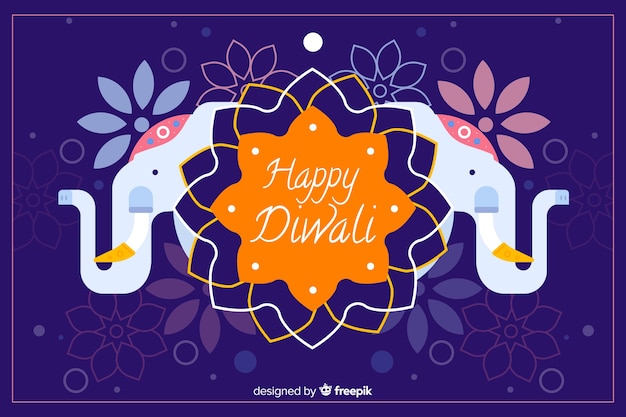 Vector flat design of diwali background with elephants