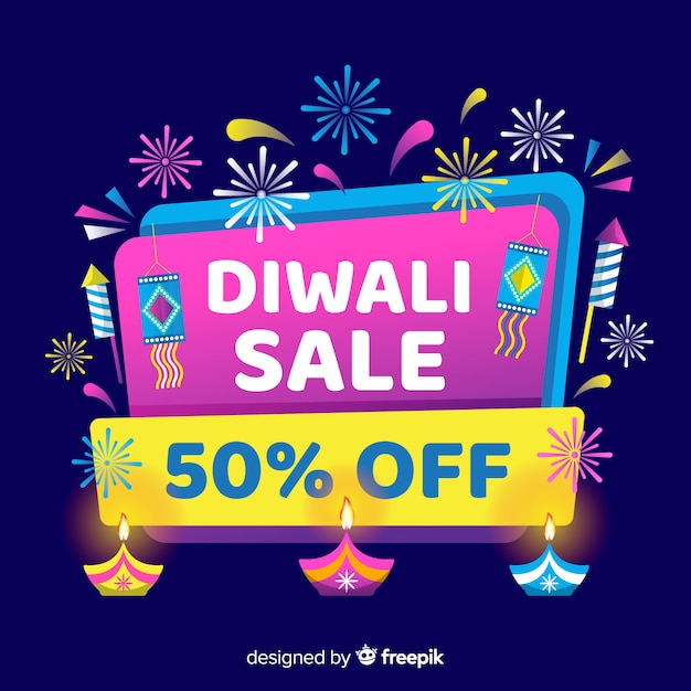 Vector flat design of diwali sale and fireworks