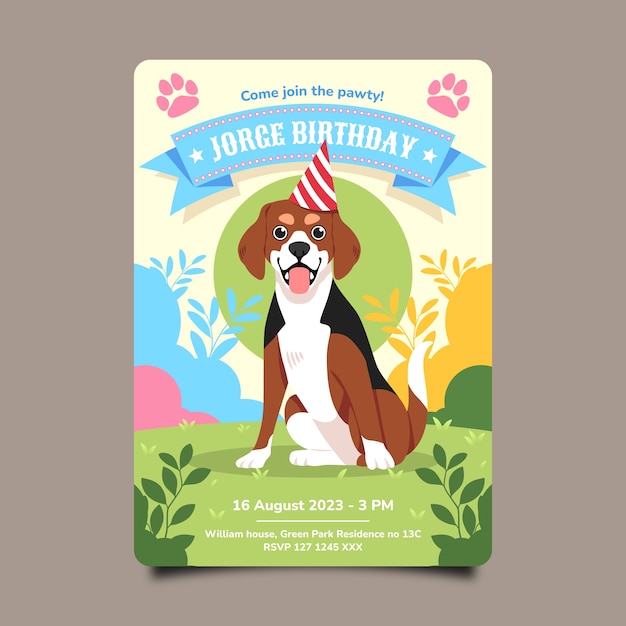 Vettore invito di compleanno per cani dal design piatto