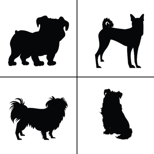 フラットデザイン犬シルエットセット犬黒黒アイコン犬子犬かわいいコーギーペットの犬面白い