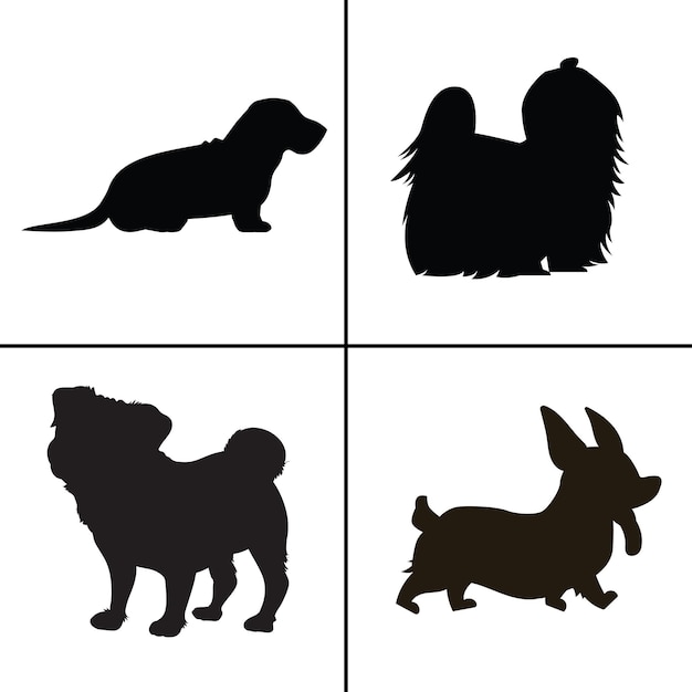 Vector flat design dog silhouette set dog black black icon dog puppy cute corgi pet dogs funny