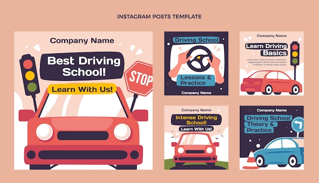 Vector flat design driving school instagram posts