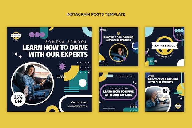 Vector flat design driving school instagram posts