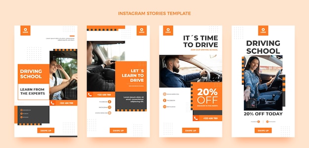 Vector flat design driving school instagram stories