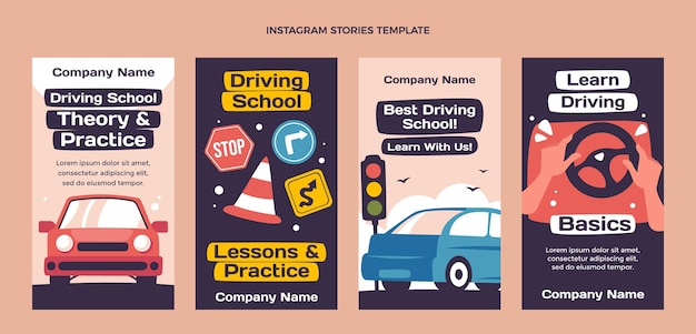 Vector flat design driving school instagram stories