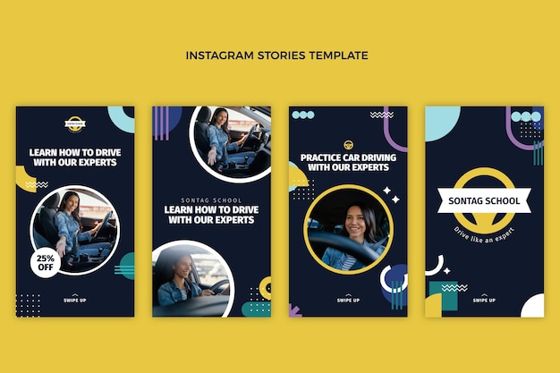 Vector flat design driving school instagram stories