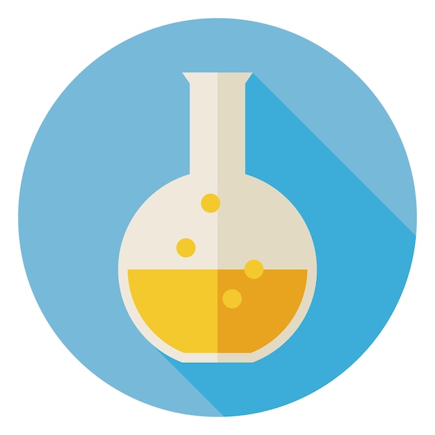 평면 디자인 교육 및 과학 화학 전구. 학교 및 교육 벡터 일러스트 레이 션 돌아가기. 긴 그림자 있는 평면 스타일 다채로운 플라스크 원형 아이콘입니다. 생물학 물리학 및 연구 대상.