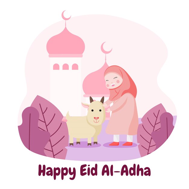 행복 한 소녀와 염소와 평면 디자인 eid 무바라크