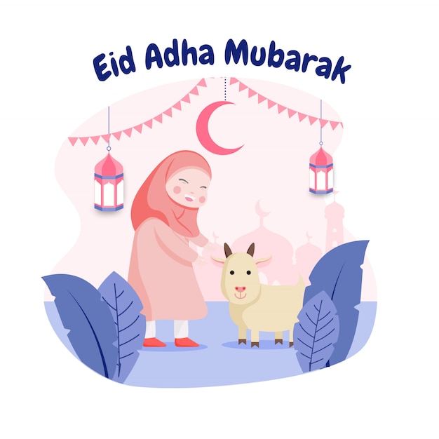 Flat design eid mubarak with happy girl and goat