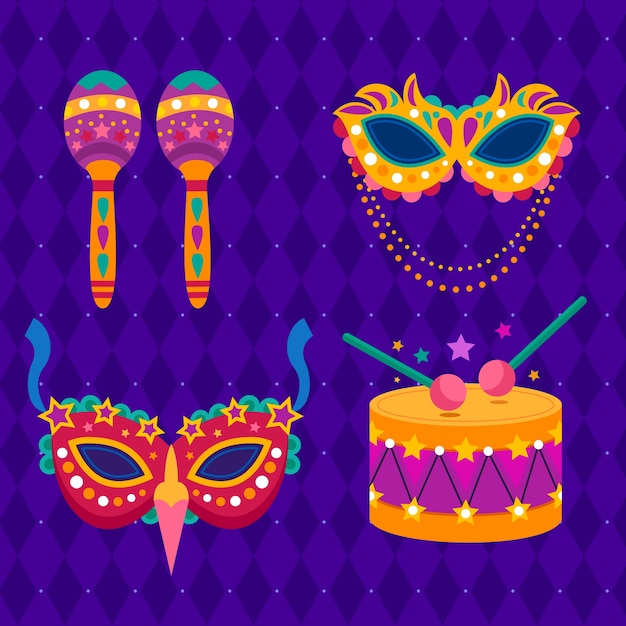 Vector flat design elements collection for mardi gras festival