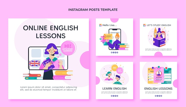 Vector flat design english lessons instagram post