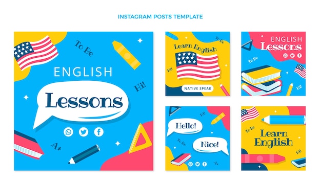 Flat design english lessons instagram posts template