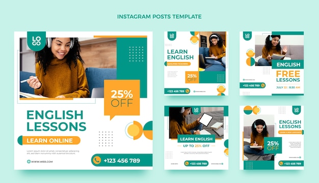 Flat design english lessons instagram posts template