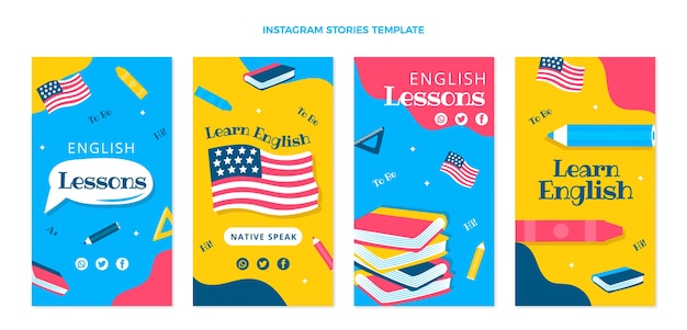 Flat design english lessons instagram stories template