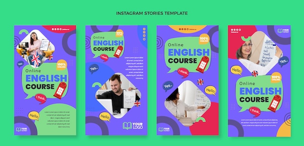 Vector flat design english lessons instagram stories