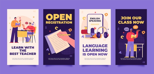 Vector flat design english lessons  instagram stories