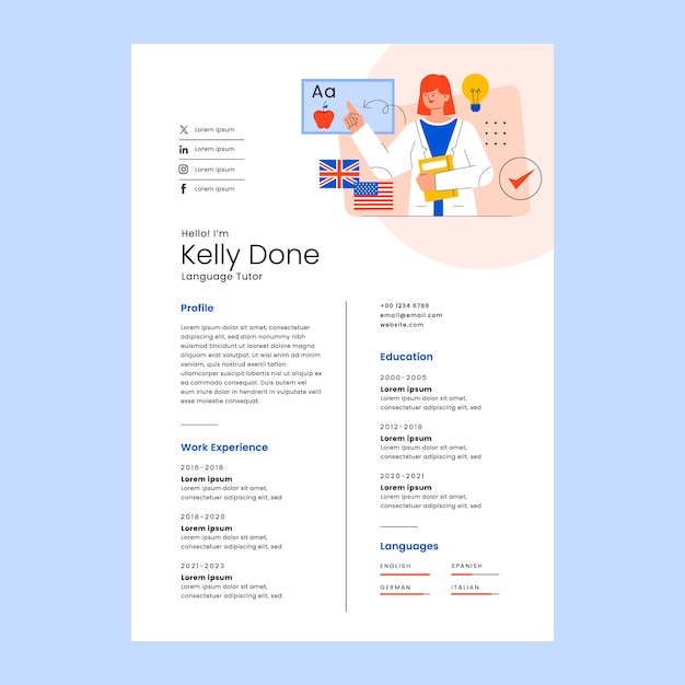 Vector flat design english lessons resume