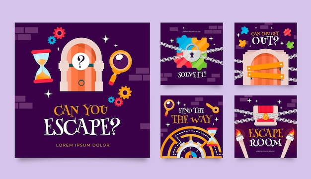 Flat design escape room instagram posts