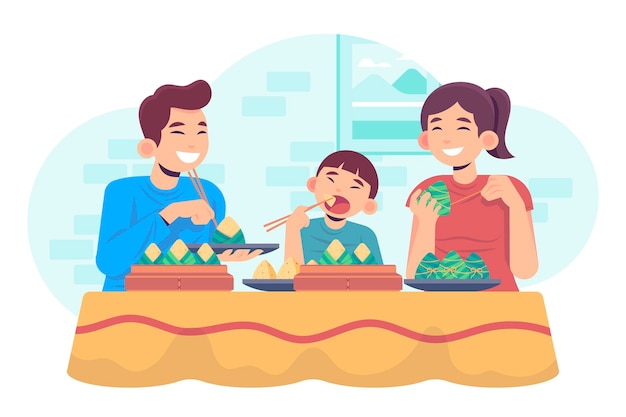 Vector flat design family eating zongzi