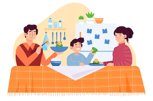 Vector flat design family eating zongzi