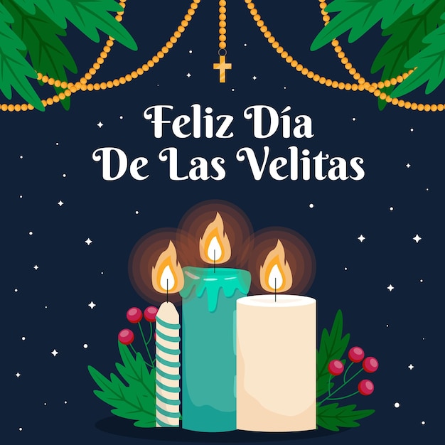 Vector flat design feliz dia de las velitas illustration with leaves and candles