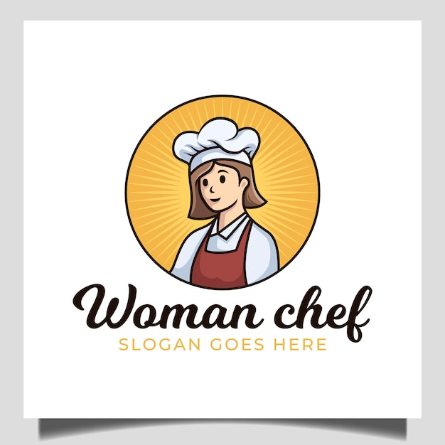 Vettore design piatto della mascotte chef femmina che cucina per il cibo del ristorante con logo aziendale in stile emblema distintivo