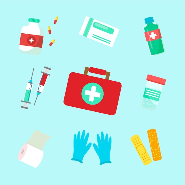 Vector flat  design first aid kit collection element