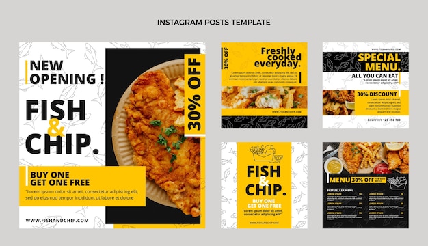 ベクトル フラットデザインのフィッシュアンドチップス食品instagramの投稿