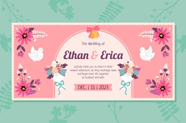 Banner orizzontale di matrimonio floreale design piatto