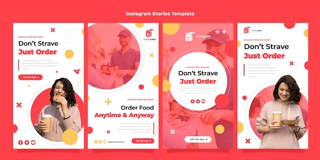 Vettore storie di instagram per la consegna di cibo dal design piatto